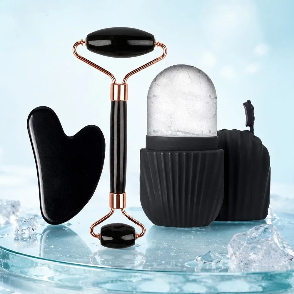 Kit massage visage 3 pièces : gua sha, rouleaux et glace